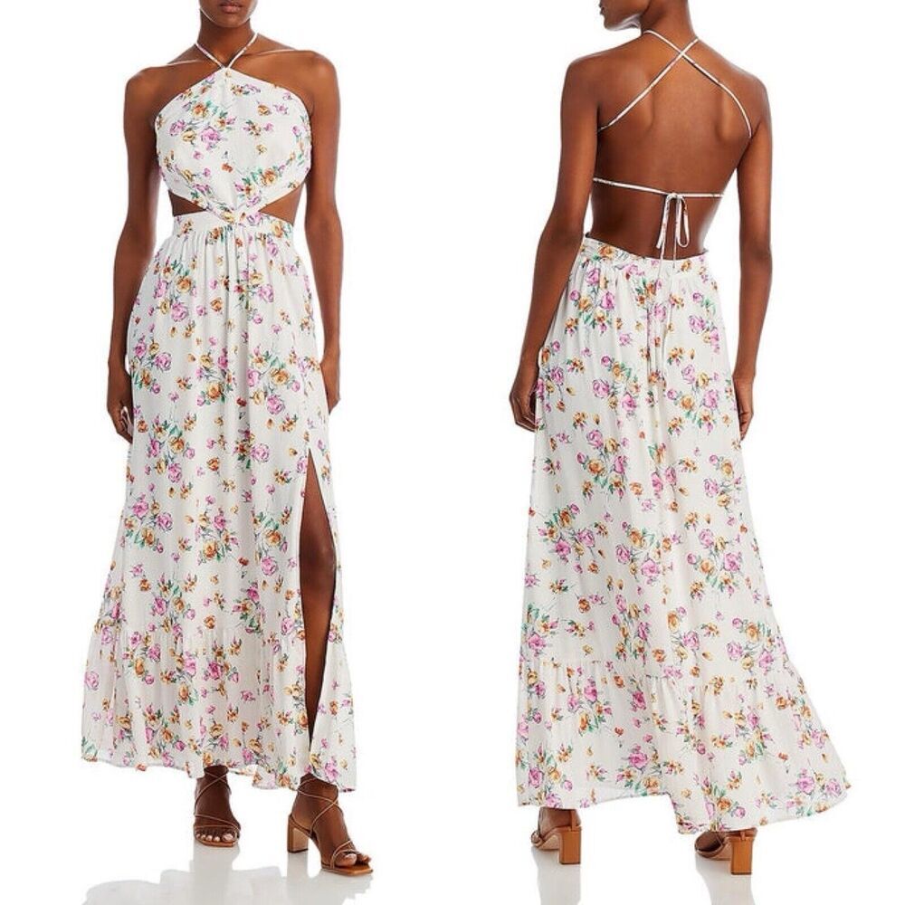 Wayf Womens Maxi Dress Size XS Metallic Halter Ivory Floral Backless Sexy Flirty